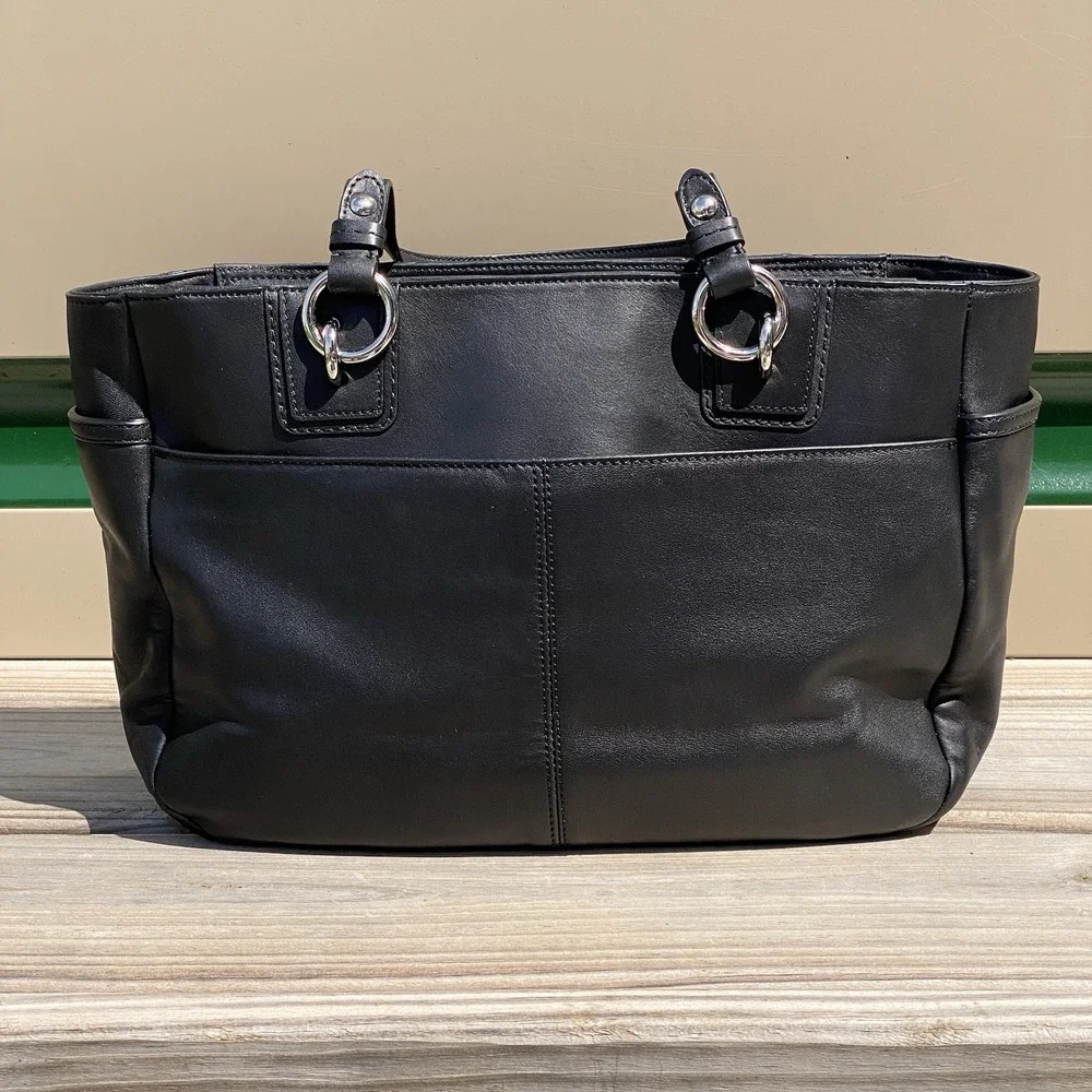 Coach Gallery East West Leather Tote Black Shoulder Bag Side Zip Pockets F19252
